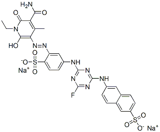 CAS#: 75268-66-5, Disodium 6-[[4-[[3-[(2E)-2-(5-Carbamoyl-1-Ethyl-4-Methyl-2,6-Dioxopyridin-3-Ylidene)Hydrazinyl]-4-Sulfonatophenyl]Amino]-6-Fluoro-1,3,5-Triazin-2-Yl]Amino]Naphthalene-2-Sulfonate
