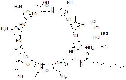 CAS 登录号：77554-83-7， N-[2-[5,14,17,23,29-五(2-氨基乙基)-20,26-二(1-羟基乙基)-11-[(4-羟基苯基)甲基]-8-(2-甲基丙基)-3,6,9,12,15,18,21,24,27,30-十氧代-1,4,7,10,13,16,19,22,25,28-十氮杂环三十碳-2-基]乙基]壬酰胺五盐酸盐