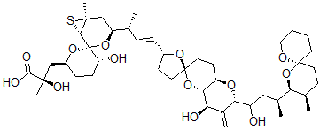 CAS 登录号：77739-71-0， (2R)-3-[(1R,2'S,3S,5S,5'R,6S)-3-[(E,2R)-4-[(2S,2'R,4R,4aS,6R,8aR)-4-羟基-2-[(3S)-1-羟基-3-[(2S,3R,6S)-3-甲基-1,7-二氧杂螺[5.5]十一烷-2-基]丁基]-3-亚甲基螺[4a,7,8,8a-四氢-4H-吡喃并[5,6-b]吡喃-6,5'-四氢呋喃]-2'-基]丁-3-烯-2-基]-5'-羟基-1-甲基螺[4-氧杂-7-硫杂双环[4.1.0]庚烷-5,6'-四氢吡喃]-2'-基]-2-羟基-2-甲基丙酸