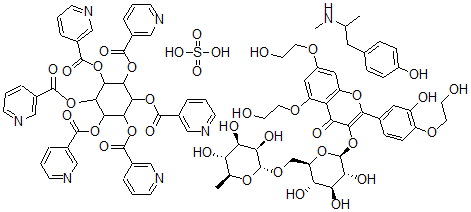 CAS 登录号：78920-51-1， 肌醇六-3-吡啶羧酸酯与 3-((6-O-(6-脱氧-alpha-L-甘露糖基)-beta-D-吡喃葡萄糖基)氧基)-2-(3,4-二羟基苯基)-5,7-二羟基-4H-1-苯并吡喃-4-酮三(2-羟基乙基) 醚和 4-(2-(甲基氨基)丙基)苯酚硫酸盐的混合物