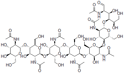 CAS 登录号：79127-58-5， N-[(2S,3R,4R,5S,6R)-5-[(2S,3R,4R,5S,6R)-3-乙酰氨基-5-[(2S,3R,4R,5S,6R)-3-乙酰氨基-5-[(2S,3R,4R,5S,6R)-3-乙酰氨基-4,5-二羟基-6-(羟基甲基)四氢吡喃-2-基]氧基-4-羟基-6-(羟基甲基)四氢吡喃-2-基]氧基-4-羟基-6-(羟基甲基)四氢吡喃-2-基]氧基-2-[(2R,3S,4R,5R,6S)-5-乙酰氨基-6-[(2R,3S,4R,5R,6S)-5-乙酰氨基-6-[(2R,3S,4R,5R)-5-乙酰氨基-1,2,4-三羟基-6-氧代己烷-3-基]氧基-4-羟基-2-(羟基甲基)四氢吡喃-3-基]氧基-4-羟基-2-(羟基甲基)四氢吡喃-3-基]氧基-4-羟基-6-(羟基甲基)四氢吡喃-3-基]乙酰胺