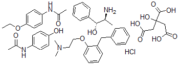 CAS 登录号：79191-48-3， N-(4-乙氧基苯基)-乙酰胺与(R*,S*)-(+-)-alpha-(1-氨基乙基)苯甲醇盐酸盐,N,N-二甲基-2-(2-(苯基甲基)苯氧基)乙胺2-羟基-1,2,3-丙烷三羧酸(1:1)和N-(4-羟基苯基)乙酰胺的混合物