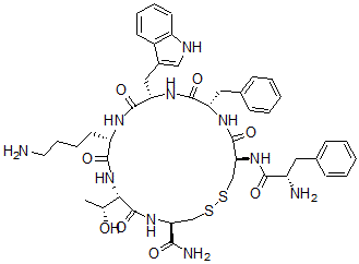 CAS 登录号：79486-60-5， (4R,7S,10S,13S,16S,19R)-10-(4-氨基丁基)-19-[[(2S)-2-氨基-3-苯基丙酰基]氨基]-7-(1-羟基乙基)-13-(1H-吲哚-3-基甲基)-6,9,12,15,18-五氧代-16-(苯基甲基)-1,2-二硫杂-5,8,11,14,17-五氮杂环二十烷-4-甲酰胺