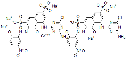 CAS#: 79828-43-6, Pentasodium bis(5-((4-amino-6-chloro-1,3,5-triazin-2-yl)amino)-4-hydroxy-3-((2-hydroxy-5-nitrophenyl)azo)naphthalene-2,7-disulphonato)chromate