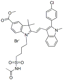 CAS 登录号：84100-41-4， 1-[4-[(乙酰氨基)磺酰基]丁基]-2-[2-[2-(4-氯苯基)-1-甲基-1H-吲哚-3-基]乙烯基]-5-(甲氧羰基)-3,3-二甲基-3H-吲哚鎓溴化物