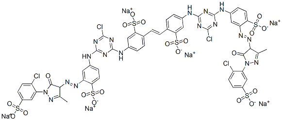 CAS 登录号：85959-11-1， 4,4-二((4-氯-6-((3-((1-(2-氯-5-磺酸基苯基)-4,5-二氢-3-甲基-5-氧代-1H-吡唑-4-基)偶氮)-4-磺酸基苯基)氨基)-1,3,5-三嗪-2-基)氨基)二苯乙烯-2,2-二磺酸六钠盐