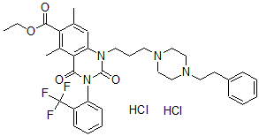 CAS 登录号：99661-28-6， 5,7-二甲基-2,4-二氧代-1-[3-(4-苯乙基-1-哌嗪基)丙基]-3-[2-(三氟甲基)苯基]-6-喹唑啉羧酸乙酯二盐酸盐