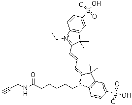 structure of CAS# 1010386-62-5, 2-[3-[1,3-Dihydro-3,3-dimethyl-1-[6-oxo-6-(2-propyn-1-ylamino)hexyl]-5-sulfo-2H-indol-2-ylidene]-1-propen-1-yl]-1-ethyl-3,3-dimethyl-5-sulfo-3H-indolium