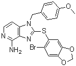 CAS 登录号：1012059-54-9, 2-[(6-溴苯并[d][1,3]二氧杂环戊烯-5-基)硫基]-1-(4-甲氧基苄基)-1H-咪唑并[4,5-c]吡啶-4-胺
