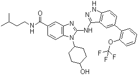CAS # 1012104-68-5, IRAK inhibitor 4, 1-(4-Hydroxycyclohexyl)-2-[[5-(2-trifluoromethoxyphenyl)-1H-indazol-3-yl]amino]-1H-benzimidazole-5-carboxylic acid (3-methylbutyl)amide
