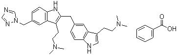 CAS # 1016900-25-6, 2-[[3-[2-(Dimethylamino)ethyl]-1H-indol-5-yl]methyl]-N,N-dimethyl-5-(1H-1,2,4-triazol-1-ylmethyl)-1H-indole-3-ethanamine benzoate, 2-[[3-[2-(Dimethylamino)ethyl]-1H-indol-5-yl]methyl] Rizatriptan Benzoate
