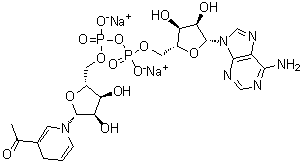 1-(1,4-二氢-1-beta-D-呋喃核糖基-3-吡啶基)乙酮 5'→P'-(腺苷 5'-(三氢二磷酸酯))酯二钠盐分子结构 (CAS 102029-93-6)