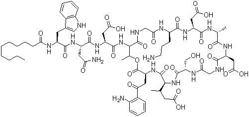 CAS # 103060-53-3, Daptomycin, (3S)-3-[[(2R)-4-amino-2-[[(2S)-2-(decanoylamino)-3-(1H-indol-3-yl)propanoyl]amino]-4-oxobutanoyl]amino]-4-[[(3S,6S,9R,15S,18R,21S,24S,30S,31R)-3-[2-(2-aminophenyl)-2-oxoethyl]-24-(3-aminopropyl)-15,21-bis(carboxymethyl)-6-[(2R)-1-carboxypropan-2-yl]-9-(hydroxymethyl)-18,31-dimethyl-2,5,8,11,14,17,20,23,26,29-decaoxo-1-oxa-4,7,10,13,16,19,22,25,28-nonazacyclohentriacont-30-yl]amino]-4-oxobutanoic acid