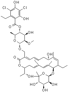 CAS # 1030825-28-5, OP 1118, (3E,5E,8S,9E,11S,12R,13E,15E,18S)-3-[[[6-Deoxy-4-O-(3,5-dichloro-2-ethyl-4,6-dihydroxybenzoyl)-2-O-methyl-beta-L-mannopyranosyl]oxy]methyl]-12-[(6-deoxy-5-C-methyl-beta-D-lyxo-hexopyranosyl)oxy]-11-ethyl-8-hydroxy-18-[(1R)-1-hydroxyethyl]-9,13,15-trimethyl-oxacyclooctadeca-3,5,9,13,15-pentaen-2-one, OPT 1118