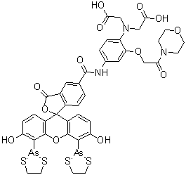 CAS 登录号：1030832-04-2, 2,2'-((4-(4',5'-二(1,3,2-二硫杂砷戊环-2-基)-3',6'-二羟基-3-氧代-3H-螺[异苯并呋喃-1,9'-氧杂蒽]-5-基甲酰氨基)-2-(2-吗啉基-2-氧代乙氧基)苯基)氮烷二基)二乙酸