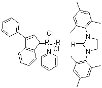 structure of CAS# 1031262-76-6, [1,3-Bis(2,4,6-trimethylphenyl)-2-imidazolidinylidene]dichloro-(3-phenyl-1H-inden-1-ylidene)(pyridyl)ruthenium (II)
