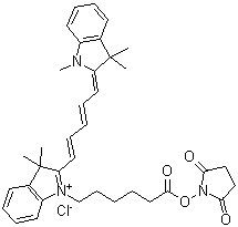 CAS # 1032678-42-4, Lumiprobe Cy 5, 2-[5-(1,3-Dihydro-1,3,3-trimethyl-2H-indol-2-ylidene)-1,3-pentadien-1-yl]-1-[6-[(2,5-dioxo-1-pyrrolidinyl)oxy]-6-oxohexyl]-3,3-dimethyl-3H-indolium chloride (1:1), Lumiprobe Cy 5 NHS ester, Lumiprobe NHS-Cy5