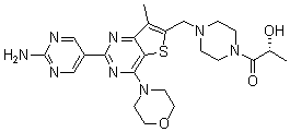 CAS 登录号：1032757-09-7, (R)-1-[4-[[2-(2-氨基嘧啶-5-基)-7-甲基-4-(吗啉-4-基)噻吩并[3,2-d]嘧啶-6-基]甲基]哌嗪-1-基]-2-羟基丙烷-1-酮