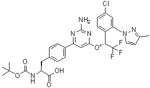 structure of CAS# 1033805-27-4, 4-[2-Amino-6-[(1R)-1-[4-chloro-2-(3-methyl-1H-pyrazol-1-yl)phenyl]-2,2,2-trifluoroethoxy]-4-pyrimidinyl]-N-[(1,1-dimethylethoxy)carbonyl]-L-phenylalanine