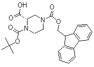 structure of CAS# 1034574-30-5, (2S)-1,2,4-Piperazinetricarboxylic acid 1-(tert-butyl) 4-(9H-fluoren-9-ylmethyl) ester