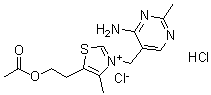 CAS # 1037-29-2, Thiamine acetate hydrochloride, 5-[2-(Acetyloxy)ethyl]-3-[(4-amino-2-methyl-5-pyrimidinyl)methyl]-4-methyl-thiazolium chloride hydrochloride (1:1:1)