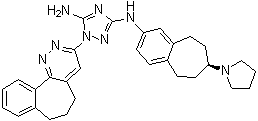 CAS # 1037624-75-1, 1-(6,7-Dihydro-5H-benzo[6,7]cyclohepta[1,2-c]pyridazin-3-yl)-N3-[(7S)-6,7,8,9-tetrahydro-7-(1-pyrrolidinyl)-5H-benzocyclohepten-2-yl]-1H-1,2,4-triazole-3,5-diamine, R 428