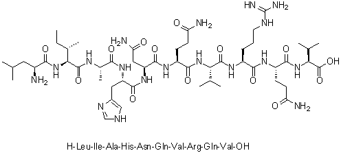 L-亮氨酰-L-异亮氨酰-L-丙氨酰-L-组氨酰-L-天冬氨酰胺酰-L-谷氨酰胺酰-L-缬氨酰-L-精氨酰-L-谷氨酰胺酰-L-缬氨酸分子结构 (CAS 1044508-68-0)