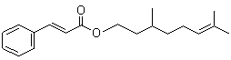 CAS # 10482-79-8, Cinnamic acid 3,7-dimethyl-6-octenyl ester, 3-Phenyl-2-propenoic acid 3,7-dimethyl-6-octenyl ester, 3-Phenyl-2-propenoic acid 3,7-dimethyl-6-octen-1-yl ester, 3,7-Dimethyl-6-octen-1-ol cinnamate , Citronellyl cinnamate
