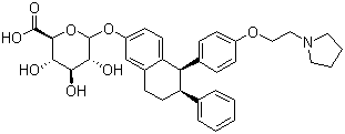 CAS # 1048953-95-2, Lasofoxifene D-glucuronide, (5R,6S)-5,6,7,8-Tetrahydro-6-phenyl-5-[4-[2-(1-pyrrolidinyl)ethoxy]phenyl]-2-naphthalen-D-glucopyranosiduronic acid