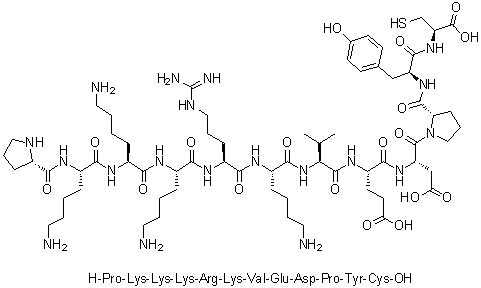 CAS # 105425-98-7, L-Prolyl-L-lysyl-L-lysyl-L-lysyl-L-arginyl-L-lysyl-L-valyl-L-alpha-glutamyl-L-alpha-aspartyl-L-prolyl-L-tyrosyl-L-cysteine, N-[N-[1-[N-[N-[N-[N2-[N2-[N2-[N2-(N2-L-Prolyl-L-lysyl)-L-lysyl]-L-lysyl]-L-arginyl]-L-lysyl]-L-valyl]-L-alpha-glutamyl]-L-alpha-aspartyl]-L-prolyl]-L-tyrosyl]-L-cysteine