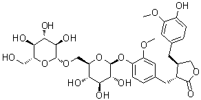 structure of CAS# 106647-14-7, (3R-trans)-3-[[4-[(6-O-beta-D-Glucopyranosyl-beta-D-glucopyranosyl)oxy]-3-methoxyphenyl]methyl]dihydro-4-[(4-hydroxy-3-methoxyphenyl)methyl]-2(3H)-furanone