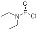 CAS # 1069-08-5, N,N-Diethyldichlorophosphoramidite, (Diethylamido)dichlorophosphite, (Diethylamino)dichlorophosphine, (Diethylamino)phosphine dichloride, Dichloro(diethylamido)phosphine, Dichloro(diethylamino)phosphine, Dichlorophosphorous diethylamide, Diethylphosphoramidous dichloride, N,N-Diethylphosphoramidous dichloride, N,N-Diethylphosphorimidous dichloride