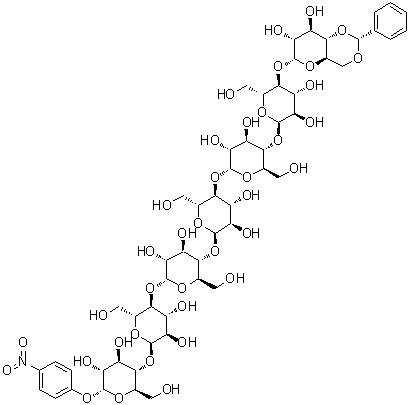 CAS # 109055-07-4, 4-Nitrophenyl O-4,6-O-(phenylmethylene)-alpha-D-glucopyranosyl-(1→4)-O-alpha-D-glucopyranosyl-(1→4)-O-alpha-D-glucopyranosyl-(1→4)-O-alpha-D-glucopyranosyl-(1→4)-O-alpha-D-glucopyranosyl-(1→4)-O-alpha-D-glucopyranosyl-(1→4)-alpha-D-glucopyranoside