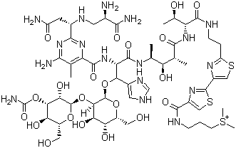 CAS # 11056-06-7, Bleomycin, 3-[[2-[2-[2-[[(2S,3R)-2-[[(2S,3S,4R)-4-[[(2S)-2-[[6-Amino-2-[(1S)-3-amino-1-[[(2S)-2,3-diamino-3-oxopropyl]amino]-3-oxopropyl]-5-methylpyrimidine-4-carbonyl]amino]-3-[(2R,3S,4S,5S,6S)-3-[(2R,3S,4S,5R,6R)-4-carbamoyloxy-3,5-dihydroxy-6-(hydroxymethyl)oxan-2-yl]oxy-4,5-dihydroxy-6-(hydroxymethyl)oxan-2-yl]oxy-3-(3H-imidazol-4-yl)propanoyl]amino]-3-hydroxy-2-methylpentanoyl]amino]-3-hydroxybutanoyl]amino]ethyl]-1,3-thiazol-4-yl]1,3-thiazole-4-carbonyl]amino]propyl-dimethylsulfanium