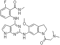 CAS # 1116235-97-2, GSK1838705A, 2-[[2-[[1-[(Dimethylamino)ethanoyl]-5-(methyloxy)-2,3-dihydro-1H-indol-6-yl]amino]-7H-pyrrolo[2,3-d]pyrimidin-4-yl]amino]-6-fluoro-N-methylbenzamide