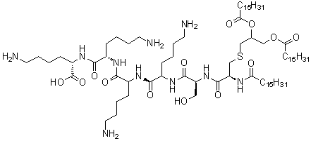 S-[2,3-二[(1-氧代十六烷基)氧基]丙基]-N-(1-氧代十六烷基)-L-半胱氨酰基-L-丝氨酰基-L-赖氨酰基-L-赖氨酰基-L-赖氨酰基-L-赖氨酸分子结构 (CAS 112208-00-1)