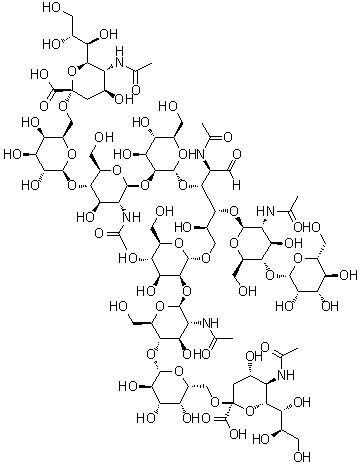 O-(N-乙酰基-alpha-神经胺酰基)-(2→6)-O-beta-D-吡喃半乳糖基-(1→4)-O-2-(乙酰氨基)-2-脱氧-beta-D-吡喃葡萄糖基-(1→2)-O-alpha-D-甘露糖基-(1→3)-O-[O-(N-乙酰基-alpha-神经胺酰基)-(2→6)-O-beta-D-吡喃半乳糖基-(1→4)-O-2-(乙酰氨基)-2-脱氧-beta-D-吡喃葡萄糖基-(1→2)-alpha-D-甘露糖基-(1→6)]-O-beta-D-甘露糖基-(1→4)-O-2-(乙酰氨基)-2-脱氧-beta-D-吡喃葡萄糖基-(1→4)-2-(乙酰氨基)-2-脱氧-D-葡萄糖分子结构 (CAS 1125602-44-9)