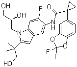 1-(2,2-二氟-1,3-苯并二氧戊环-5-基)-N-[1-[(2R)-2,3-二羟基丙基]-6-氟-2-(2-羟基-1,1-二甲基乙基)-1H-吲哚-5-基]-环丙烷甲酰胺分子结构 (CAS 1152311-62-0)