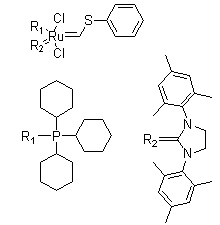 structure of CAS# 1155422-69-7, [1,3-双(2,4,6-三甲基苯基)-2-咪唑烷亚基][(苯硫基)亚甲基](三环己基膦)二氯化钌