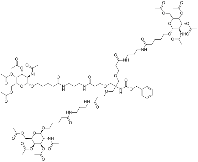 structure of CAS# 1159408-63-5, Benzyl {1,31-bis[(2-acetamido-3,4,6-tri-O-acetyl-2-deoxy-beta-D-galactopyranosyl)oxy]-16-[(3-{[3-({5-[(2-acetamido-3,4,6-tri-O-acetyl-2-deoxy-beta-D-galactopyranosyl)oxy]pentanoyl}amino)propyl]amino}- 3-oxopropoxy)methyl]-5,11,21,27-tetraoxo-14,18-dioxa-6,10,22,26-tetraazahentriacontan-16-yl}carbamate