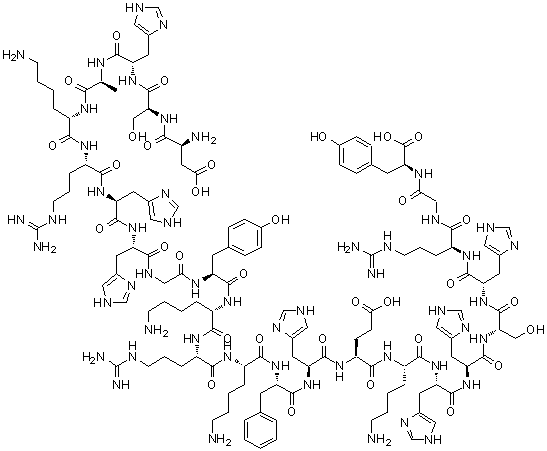 CAS # 115966-68-2 (104339-66-4), Histatin 5, Histatin 5 (synthetic human re-Hst5), Human histatin 5, Peptide F-A (human parotid saliva),(4S)-4-[[(2S)-2-[[(2S)-2-[[(2S)-6-amino-2-[[(2S)-2-[[(2S)-6-amino-2-[[(2S)-2-[[2-[[(2S)-2-[[(2S)-2-[[(2S)-2-[[(2S)-6-amino-2-[[(2S)-2-[[(2S)-2-[[(2S)-2-[[(2S)-2-amino-3-carboxypropanoyl]amino]-3-hydroxypropanoyl]amino]-3-(1H-imidazol-4-yl)propanoyl]amino]propanoyl]amino]hexanoyl]amino]-5-carbamimidamidopentanoyl]amino]-3-(1H-imidazol-4-yl)propanoyl]amino]-3-(1H-imidazol-4-yl)propanoyl]amino]acetyl]amino]-3-(4-hydroxyphenyl)propanoyl]amino]hexanoyl]amino]-5-carbamimidamidopentanoyl]amino]hexanoyl]amino]-3-phenylpropanoyl]amino]-3-(1H-imidazol-4-yl)propanoyl]amino]-5-[[(2S)-6-amino-1-[[(2S)-1-[[(2S)-1-[[(2S)-1-[[(2S)-1-[[(2S)-5-carbamimidamido-1-[[2-[[(1S)-1-carboxy-2-(4-hydroxyphenyl)ethyl]amino]-2-oxoethyl]amino]-1-oxopentan-2-yl]amino]-3-(1H-imidazol-4-yl)-1-oxopropan-2-yl]amino]-3-hydroxy-1-oxopropan-2-yl]amino]-3-(1H-imidazol-4-yl)-1-oxopropan-2-yl]amino]-3-(1H-imidazol-4-yl)-1-oxopropan-2-yl]amino]-1-oxohexan-2-yl]amino]-5-oxopentanoic acid