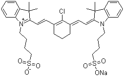 2-[2-[2-氯-3-[2-[1,3-二氢-3,3-二甲基-1-(4-磺酸基丁基)-2H-吲哚-2-亚基]乙亚基]-1-环己烯-1-基]乙烯基]-3,3-二甲基-1-(4-磺酸基丁基)-3H-吲哚鎓内盐钠盐分子结构 (CAS 115970-66-6)
