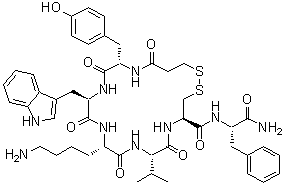 CAS # 117580-24-2, N-(3-Mercapto-1-oxopropyl)-L-tyrosyl-D-tryptophyl-L-lysyl-L-valyl-L-cysteinyl-L-phenylalaninamide cyclic (1→5)-disulfide, BIM 23030, 1,2-Dithia-5,8,11,14,17-pentaazacycloeicosane, cyclic peptide deriv.