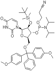 5'-O-(4,4-二甲氧基三苯甲基)-2'-O-[(叔丁基)二甲基硅基]尿苷-3'-(2-氰基乙基-N,N-二异丙基)亚磷酰胺分子结构 (CAS 118362-03-1)