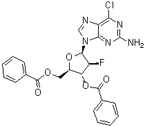 6-氯-9-(3,5-二-O-苯甲酰基-2-脱氧-2-氟-beta-D-阿拉伯呋喃糖基)-9H-嘌呤-2-胺分子结构 (CAS 118373-61-8)