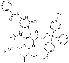 structure of CAS# 118380-84-0, N4-苯甲酰基-5'-O-(4,4'-二甲氧基三苯甲基)-2'-O-叔丁基二甲基硅烷基)胞苷 3'-O-[O-(2-氰基乙基)-N,N'-二异丙基氨基亚磷酸酯]