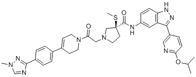 (3S)-3-methylsulfanyl-1-[2-[4-[4-(1-methyl-1,2,4-triazol-3-yl)phenyl]-3,6-dihydro-2H-pyridin-1-yl]-2-oxoethyl]-N-[3-(6-propan-2-yloxypyridin-3-yl)-1H-indazol-5-yl]pyrrolidine-3-carboxamide molecular structure (CAS 1184173-73-6)