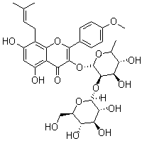 CAS # 118525-35-2, Icariin A, Sagittatoside A, 3-[(6-Deoxy-2-O-beta-D-glucopyranosyl-alpha-L-mannopyranosyl)oxy]-5,7-dihydroxy-2-(4-methoxyphenyl)-8-(3-methyl-2-buten-1-yl)-4H-1-benzopyran-4-one