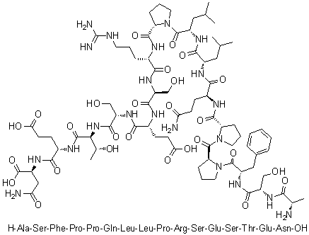 L-丙氨酰-L-丝氨酰-L-苯丙氨酰-L-脯氨酰-L-脯氨酰-L-谷氨酰胺酰-L-亮氨酰-L-亮氨酰-L-脯氨酰-L-精氨酰-L-丝氨酰-L-alpha-谷氨酰-L-丝氨酰-L-苏氨酰-L-alpha-谷氨酰-L-天冬酰胺分子结构 (CAS 1188512-71-1)