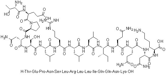 L-苏氨酰-L-alpha-谷氨酰-L-脯氨酰-L-天冬氨酰胺酰-L-丝氨酰-L-亮氨酰-L-精氨酰-L-亮氨酰-L-亮氨酰-L-异亮氨酰-L-谷氨酰胺酰-L-谷氨酰胺酰-L-天冬氨酰胺酰-L-赖氨酸分子结构 (CAS 1188513-31-6)